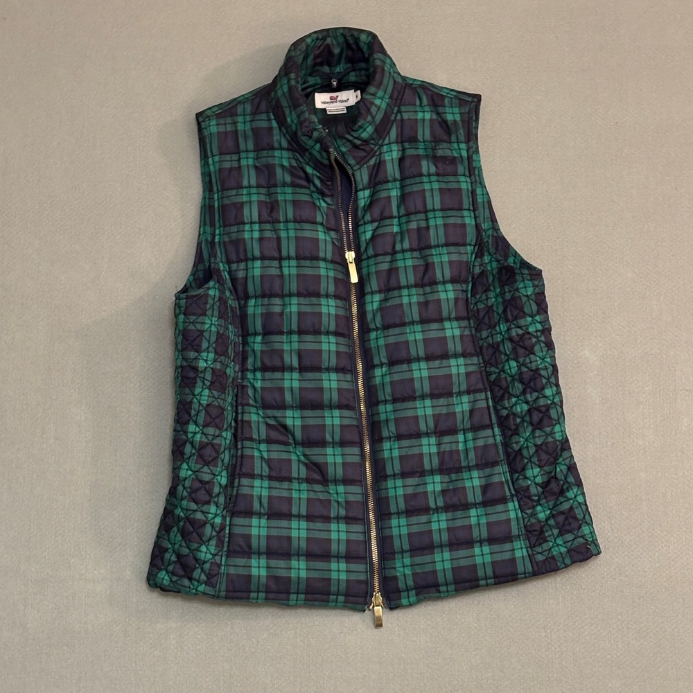 Vineyard Vines Womens Quilted Puffer Vest Green Navy Blue Blackwatch Plaid Med‎